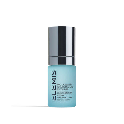 Elemis Pro-Collagen Future Restore Eye Serum in a light blue cylindrical bottle with a reflective silver cap, shown on a plain white background.