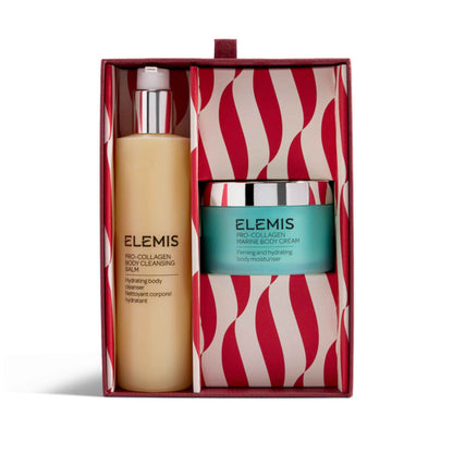 ELEMIS Pro-Collagen Body Cleansing Balm and Marine Body Cream gift set in a red box with a red and white striped patterned insert, on a white background.