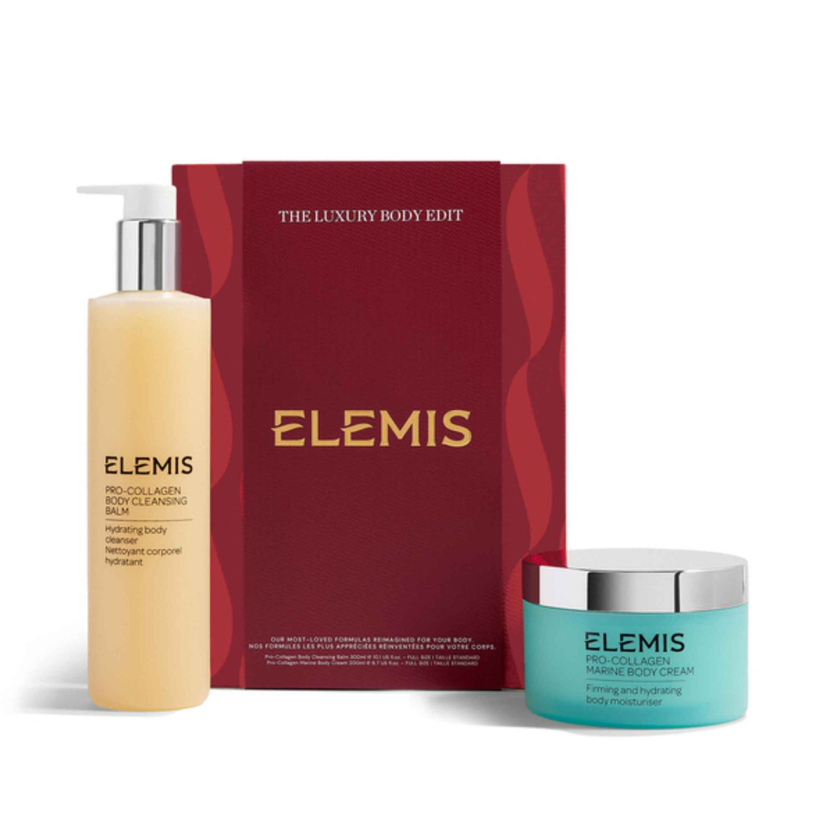 A three-piece ELEMIS skincare set including a Pro-Colagen Body Cleansing lotion bottle, a Hydro-Rocket Peach Body Butter jar, and a deep red gift box, arranged on a clean white background.