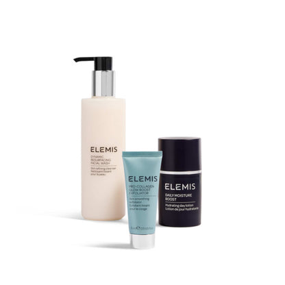 Three Elemis skincare products arranged on a white background: a large pale peach pump bottle, a light blue squeeze tube, and a black jar with a silver lid.