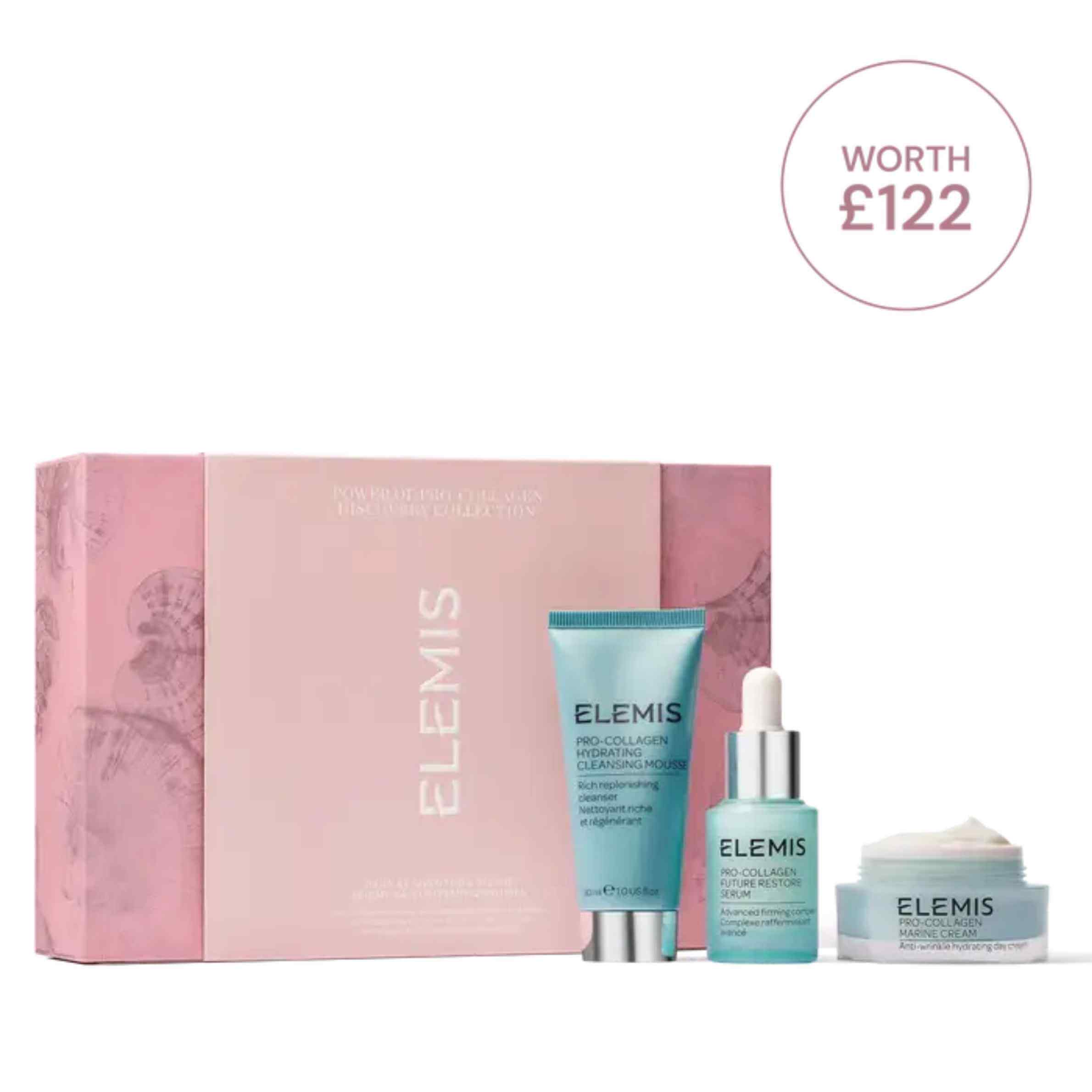 Elemis skincare set with pink packaging on a white background.