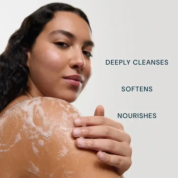 Woman applying a skincare product to her shoulder with text indicating benefits.