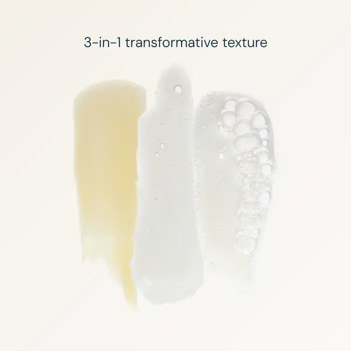 Three different textures of a cosmetic product on a light background with text &
