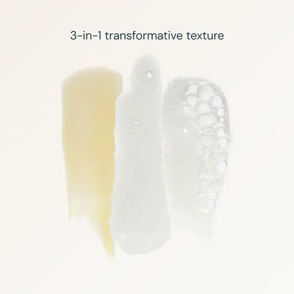 Three different textures of a cosmetic product on a light background with text &