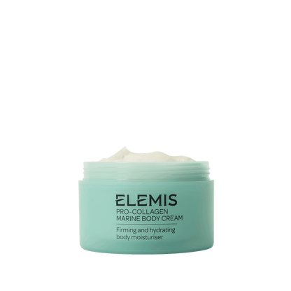 Elemis Pro-Collagen Marine Body Cream jar on a black background