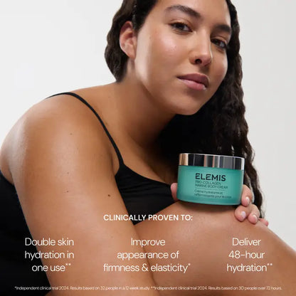 Woman holding a jar of Elemis skincare product with promotional text on a white background