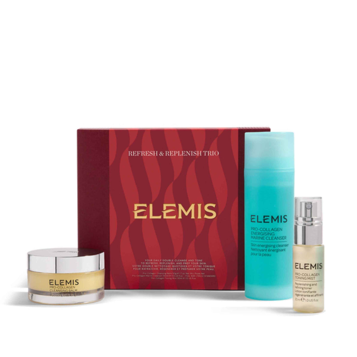 Elemis Refresh &amp; Replenish Trio skincare set featuring a red gift box with gold lettering, a turquoise toner bottle, and two small beige serum vials with silver caps, arranged on a white background.