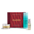 Elemis Refresh & Replenish Trio skincare set featuring a red gift box with gold lettering, a turquoise toner bottle, and two small beige serum vials with silver caps, arranged on a white background.