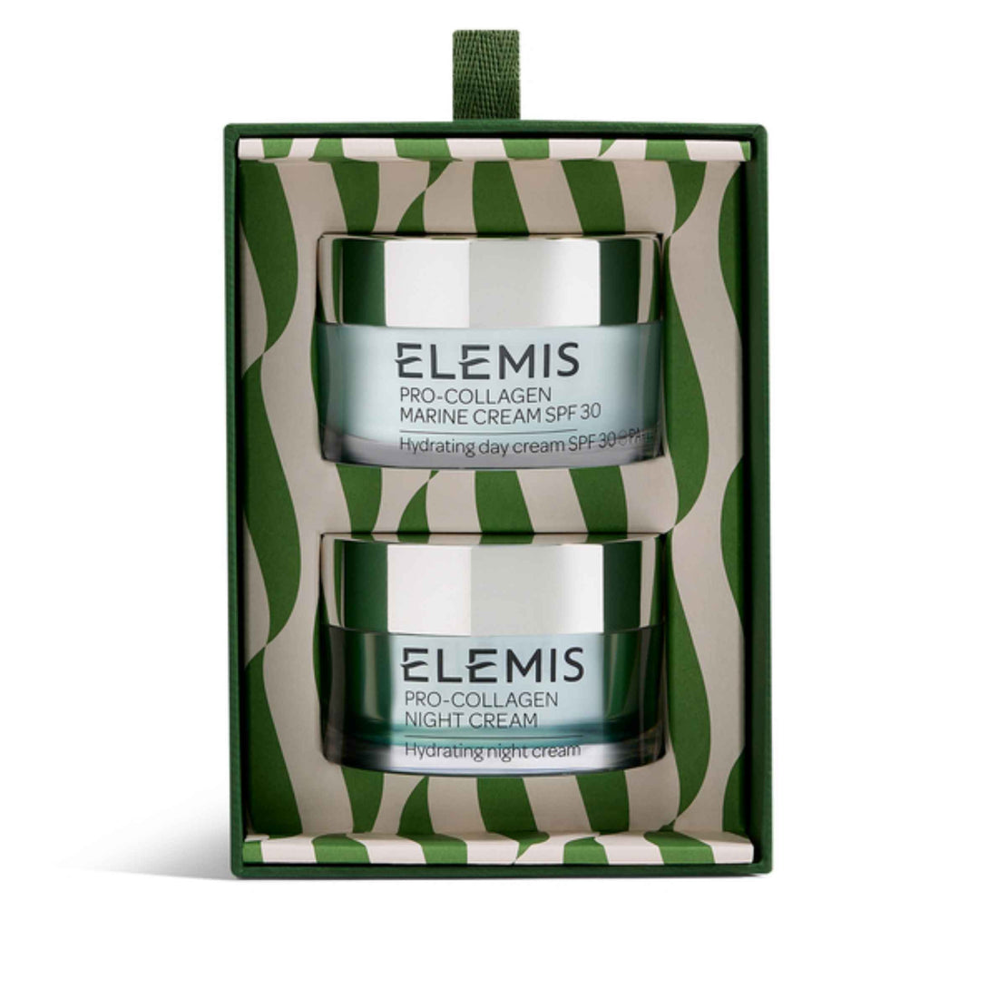 Elemis Pro-Collagen Marine Cream SPF 30 and Night Cream set in a green and beige patterned gift box, shown on a white background.
