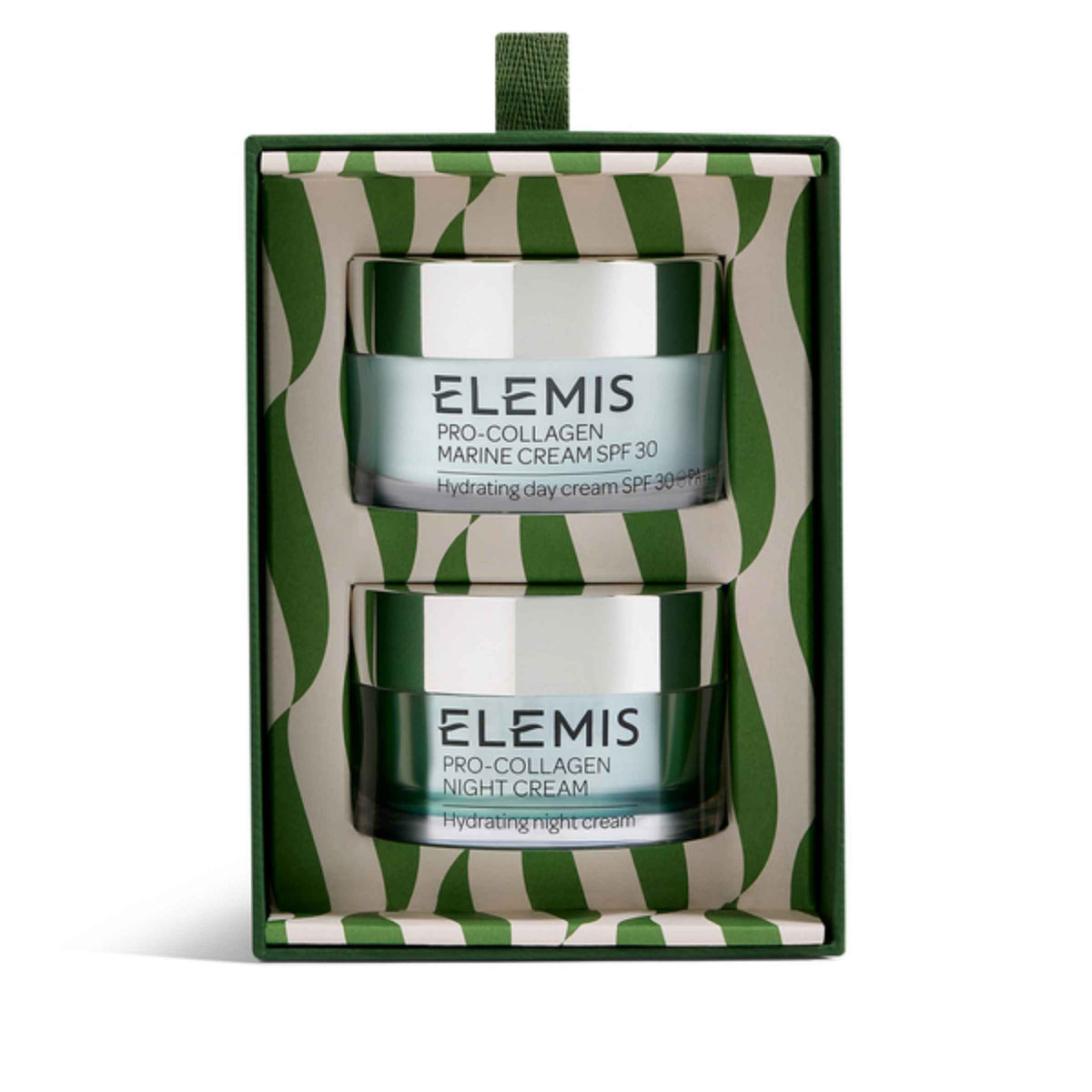 Elemis Pro-Collagen Marine Cream SPF 30 and Night Cream set in a green and beige patterned gift box, shown on a white background.