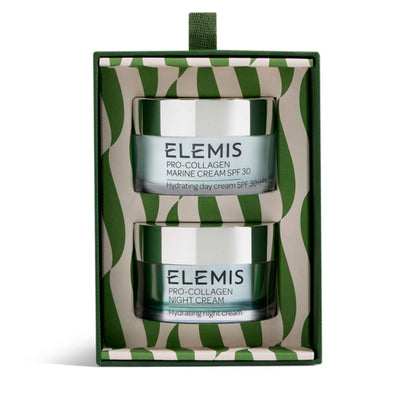 Elemis Pro-Collagen Marine Cream SPF 30 and Night Cream set in a green and beige patterned gift box, shown on a white background.