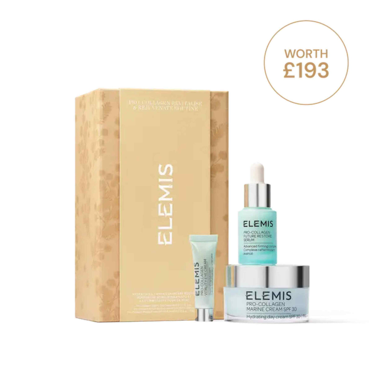 Elemis skincare set with a box on a white background.