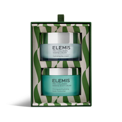 Elemis Pro-Collagen Marine Cream and Body Cream gift set in a green and white patterned box, shown on a clean white background.