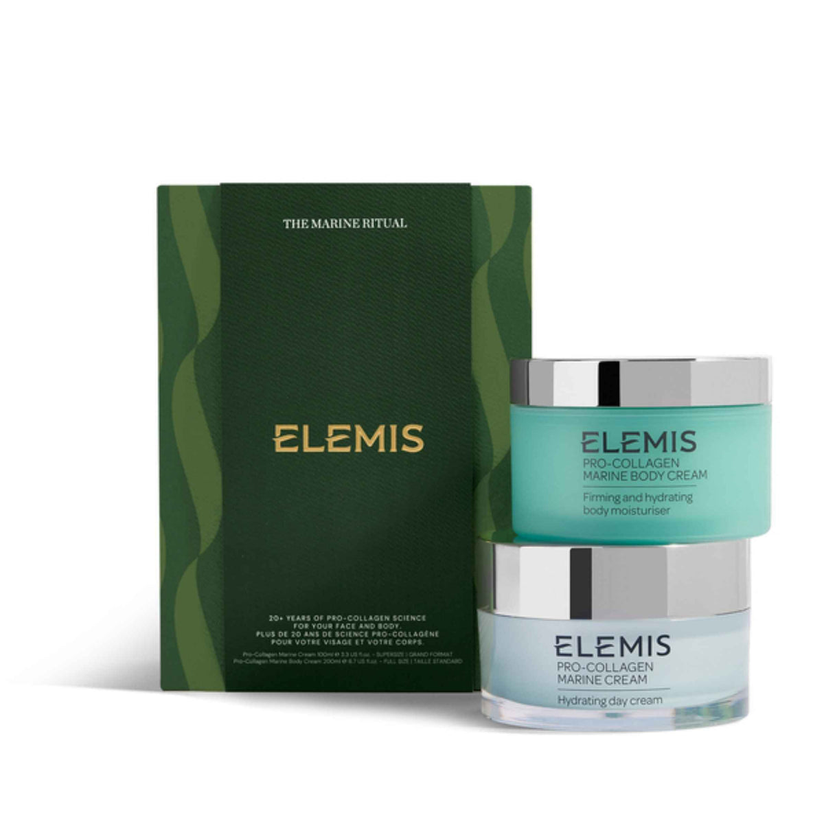 Elemis The Marine Ritual skincare set featuring a dark green gift box, a turquoise body cream jar, and a light blue hydrating cream jar with silver lids, on a white background.