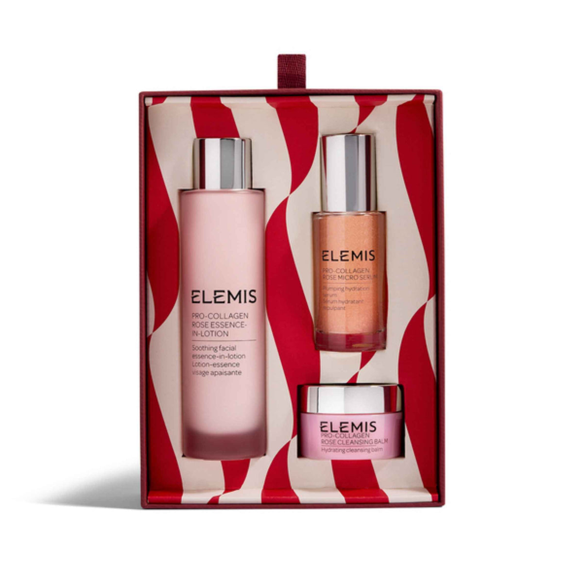 Elemis skincare gift set in a red and white patterned box, containing a pink collagen rose essence bottle, a peachy-orange serum bottle, and a pink cream jar.