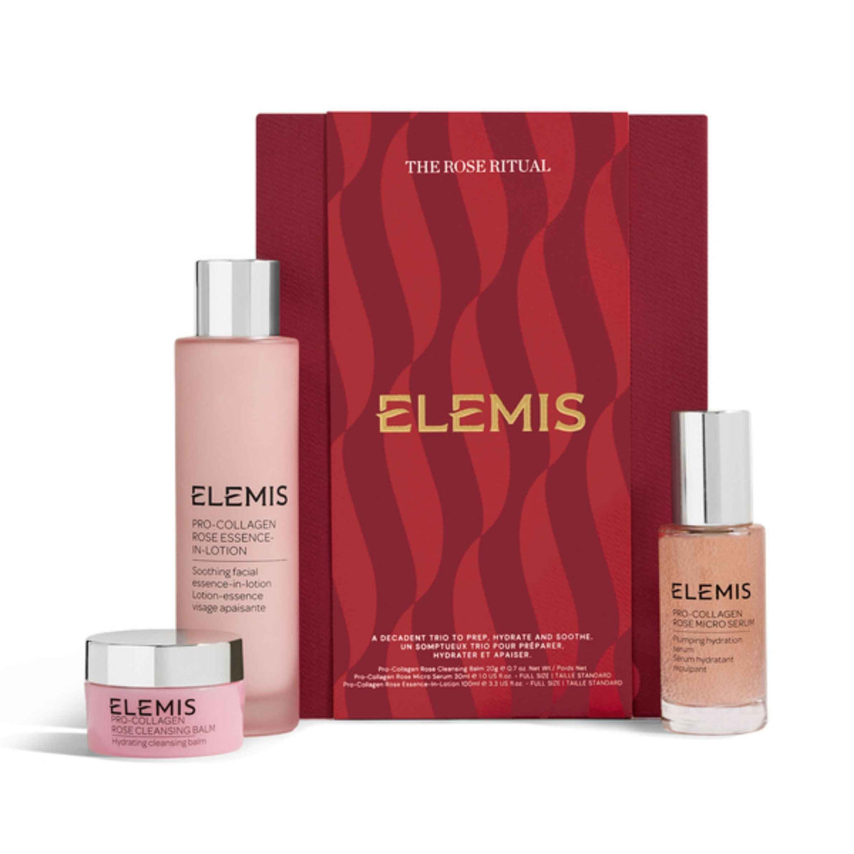 ELEMIS rose skin care trio in front of a two toned red Christmas style gift box.