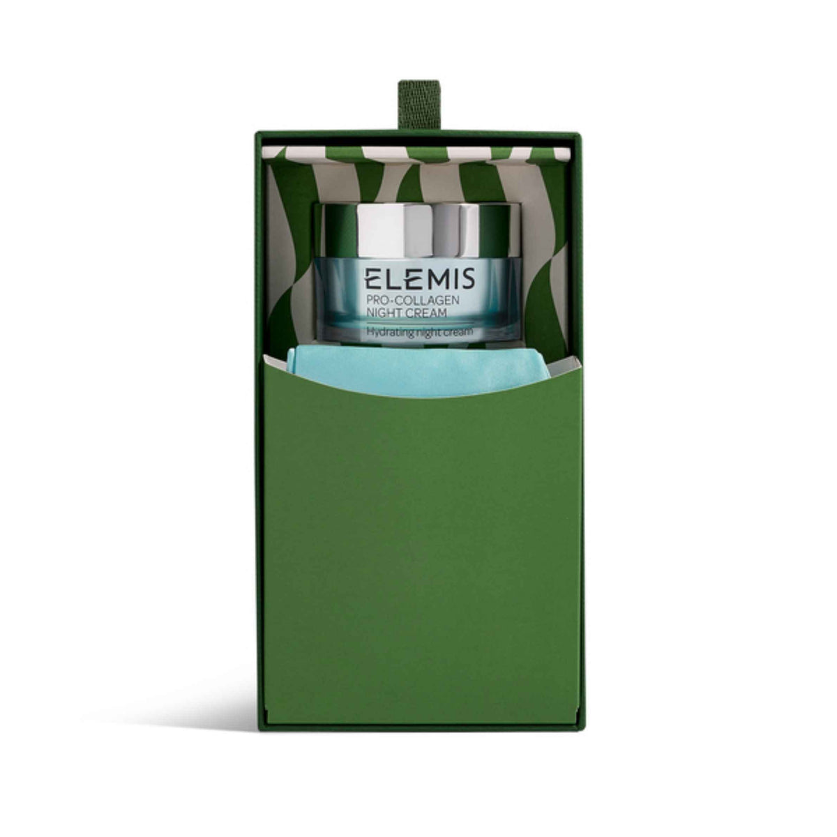 Elemis Pro-Collagen Night-Cream in a dark green gift box with a matching green and white patterned inner lid and a light blue tissue insert.