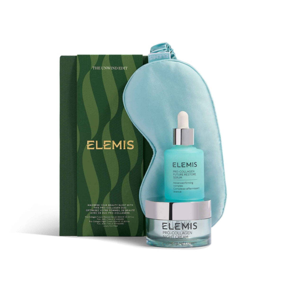 ELEMIS skincare set featuring a light blue sleep mask, a turquoise and silver Pro-Collagen Serum bottle, and a dark green patterned box on a white background.
