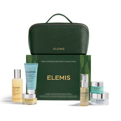 Elemis Ultimate Getaway Collection gift set featuring a dark green textured zippered pouch, a matching green box, and five skincare bottles and jars in yellow, blue, and white packaging, arranged on a white background.